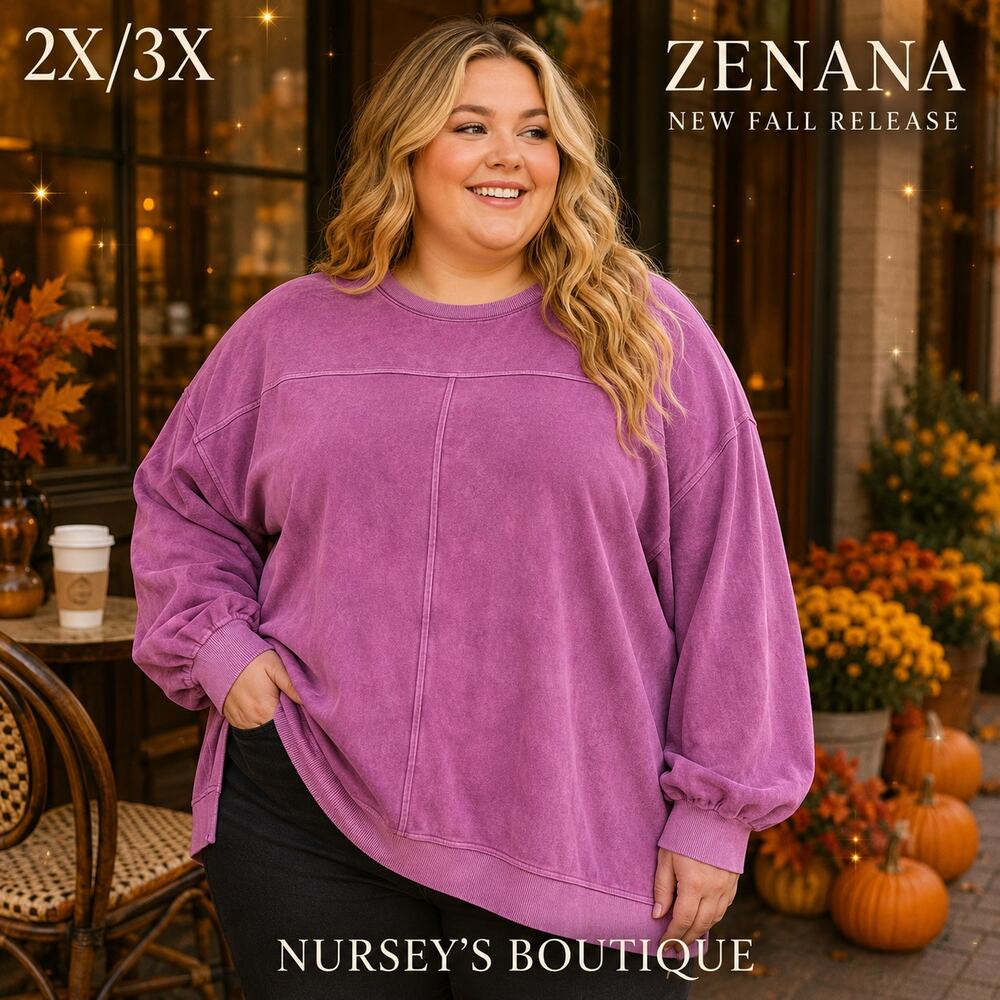 Zenana 2X 3X Plum Mineral Wash Oversized Balloon Sleeve Sweatshirt NWOT